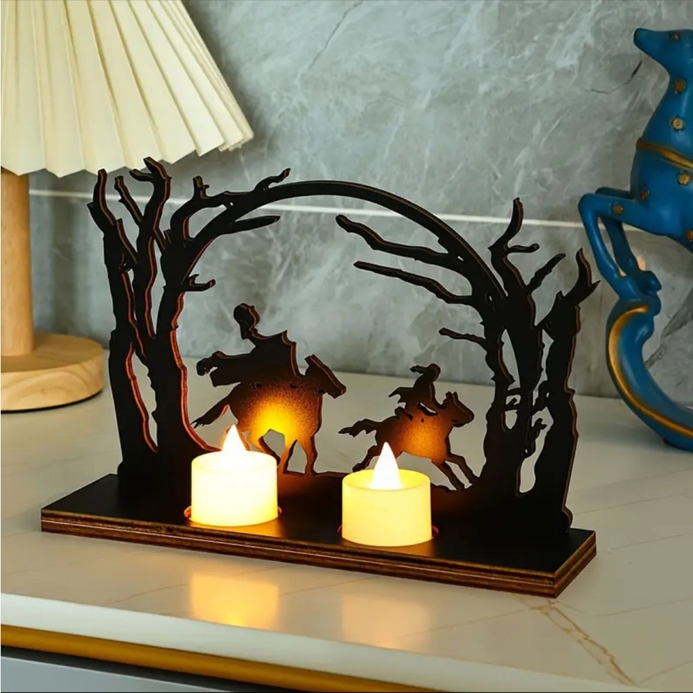 Wooden Healess Horseman Flameless Tea-Light Holder, Sleepy Hollow Decor - Picture 3 of 5
